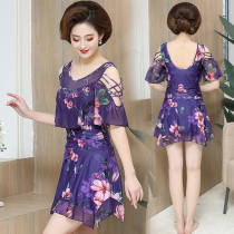 Female new mother model plus size fat slim middle-aged and elderly one-piece skirt hot spring conservative flat swimsuit ruffle
