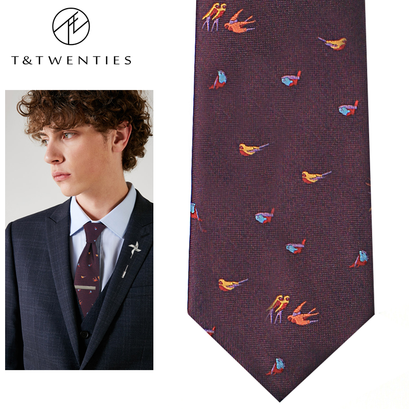 シルクメンズウェディングネクタイ、新郎用、軽量、高級、メンズウェディング刺繍、ツバメ、動物、深紅、幅広シルク、桑の実シルク