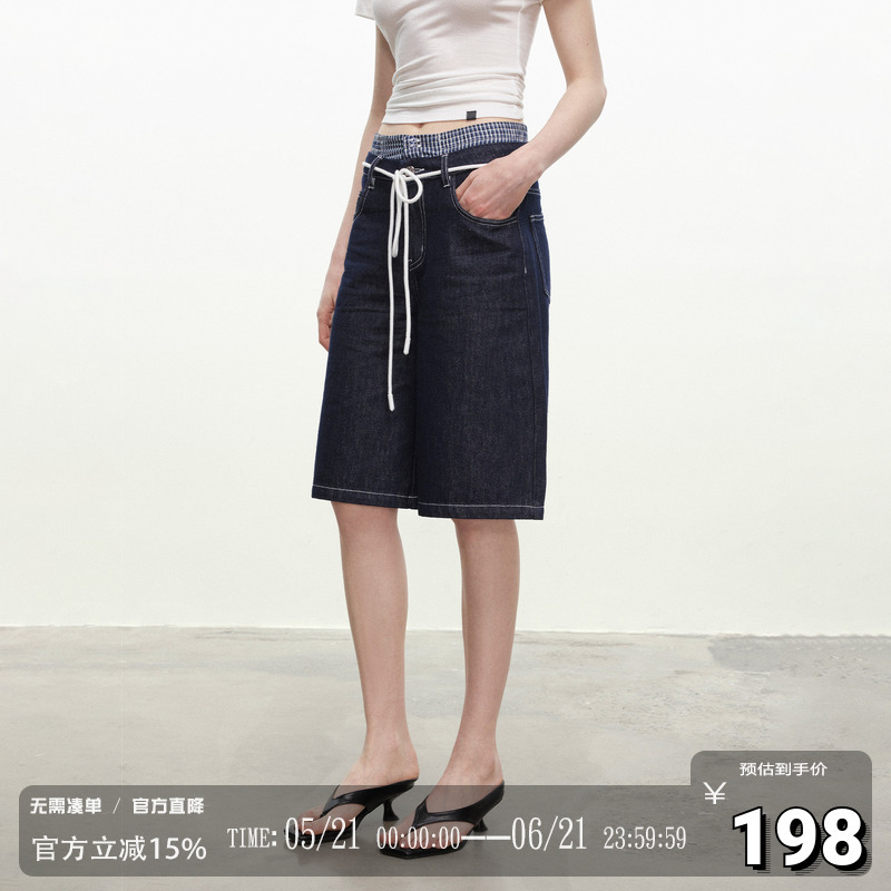 Codice Lab Retro Double-Waist Plaid Patchwork Raw Denim Shorts Loose Slimming Wide-Leg Casual Women's Pants
