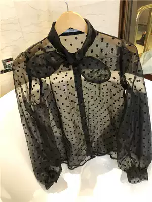 BORAKOO Korea East Amoto B ~ black flocking dots bow mesh shirt