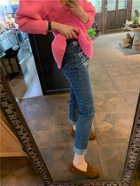 Special BORAKOO South Korea East Gate Dai dark blue handmade graffiti letter slim stretch jeans