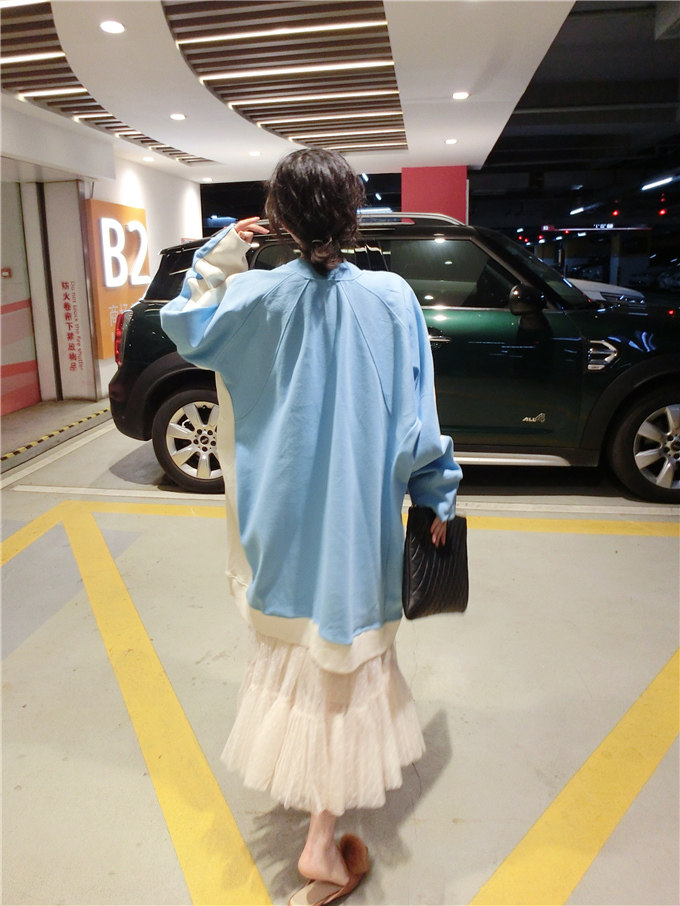 Special BORAKOO Korea Dongdaemun Chun Chaoyangpai and gentle~baby blue stitching contrast color medium long thick cotton T