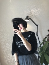 BORAKOO Korea East Gate early autumn new good wear black bat sleeve letter long sleeve T-shirt