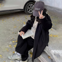 Branded girls woolen coats spring autumn and winter 2024 new childrens woolen coats high-end mid-length