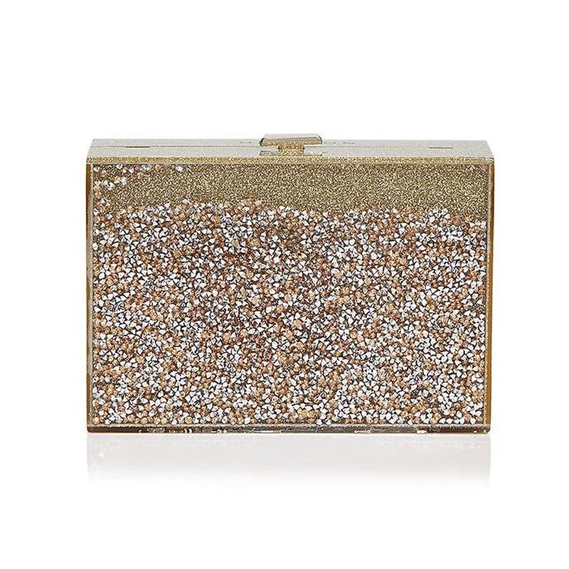 Flowing Feast~~Halston Gravel-Decorated Square Box-Shaped Snap-Button Dual-Use Evening Bag Chain Bag