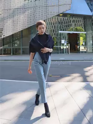 deebydwang all-wool trousers women's straight trousers high waist black and blue thin fashion all-match