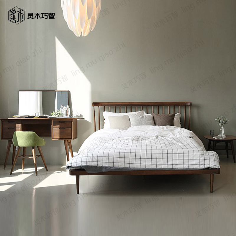 Nordic solid wood bed modern minimalist oak bed black walnut bedroom furniture custom-made 1 8 meters double bed marriage bed