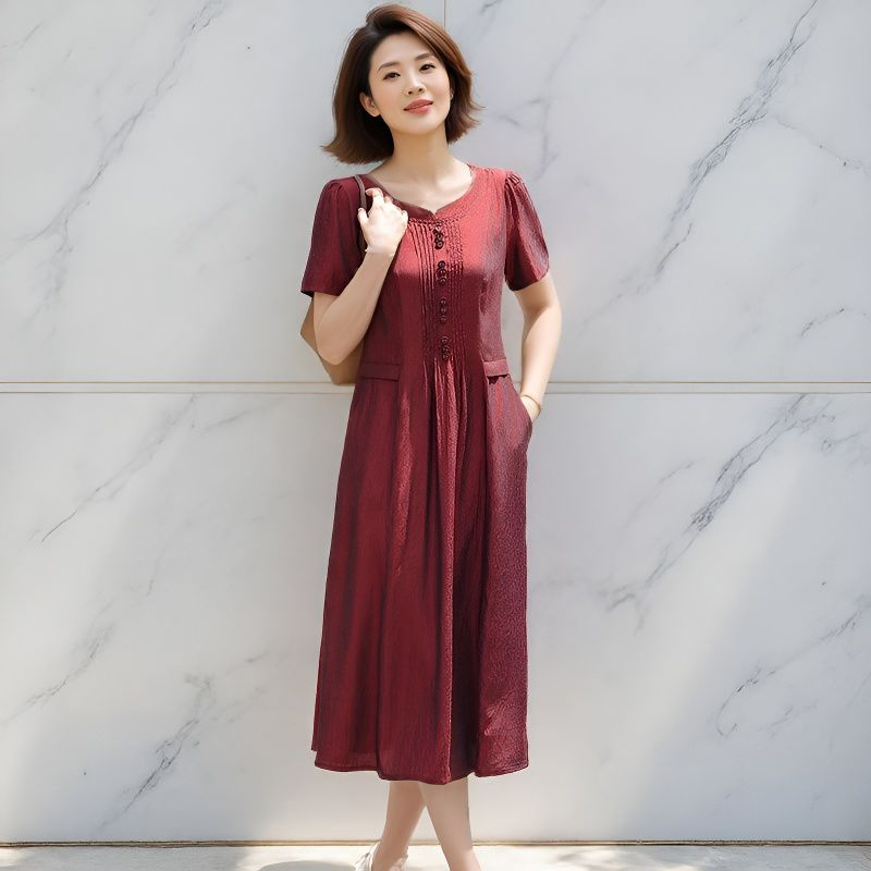 New Summer Dress for Middle-Aged and Elderly Women, Mid-Length, Slimming, with Pockets, Age-Reducing, High-End, Elegant Mom Dress