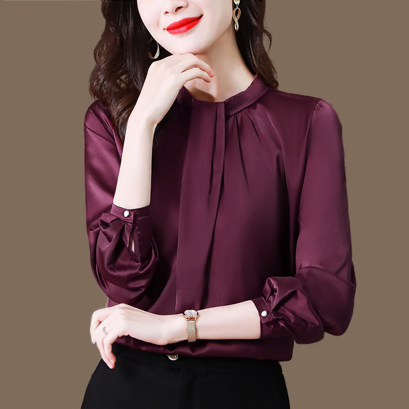 Hangzhou's High-End Silk Satin Shirt for Women, Spring and Autumn Stand-Up Collar Long-Sleeve Shirt, Beautiful and Unique Mulberry Silk Top