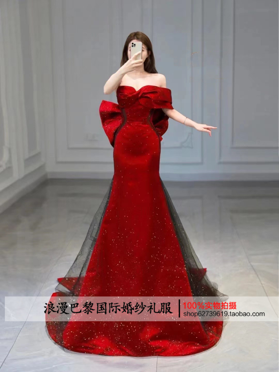 Red evening dress for bride, design wedding dress with bow, long skirt, open shoulders,  Red evening dress for bride, design wedding dress with bow, long skirt, open shoulders,