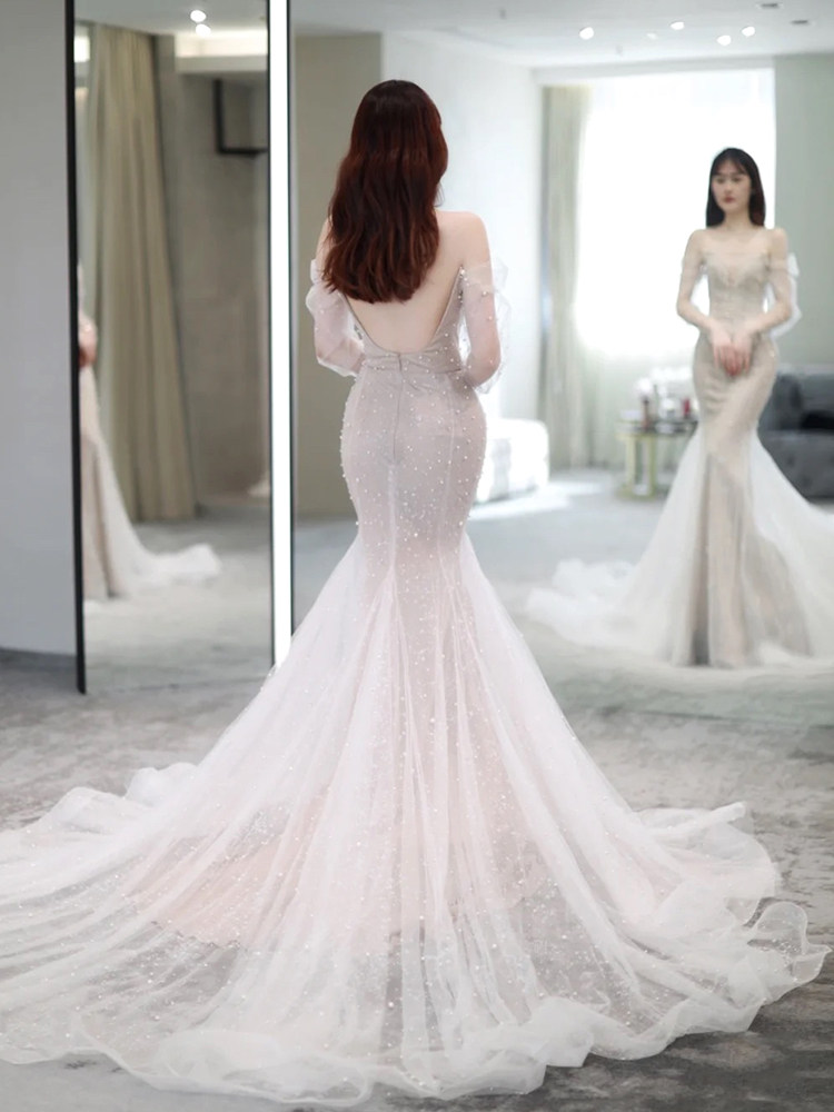 High - end heavy working wedding dress 2023 Korean crane fishtail mendal bride wedding dress out the dress drag