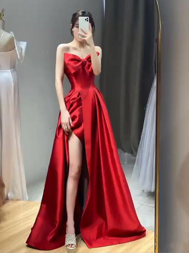 Clean red satin toast bride with breast dinner sweet engagement home to show dinner dress long dress