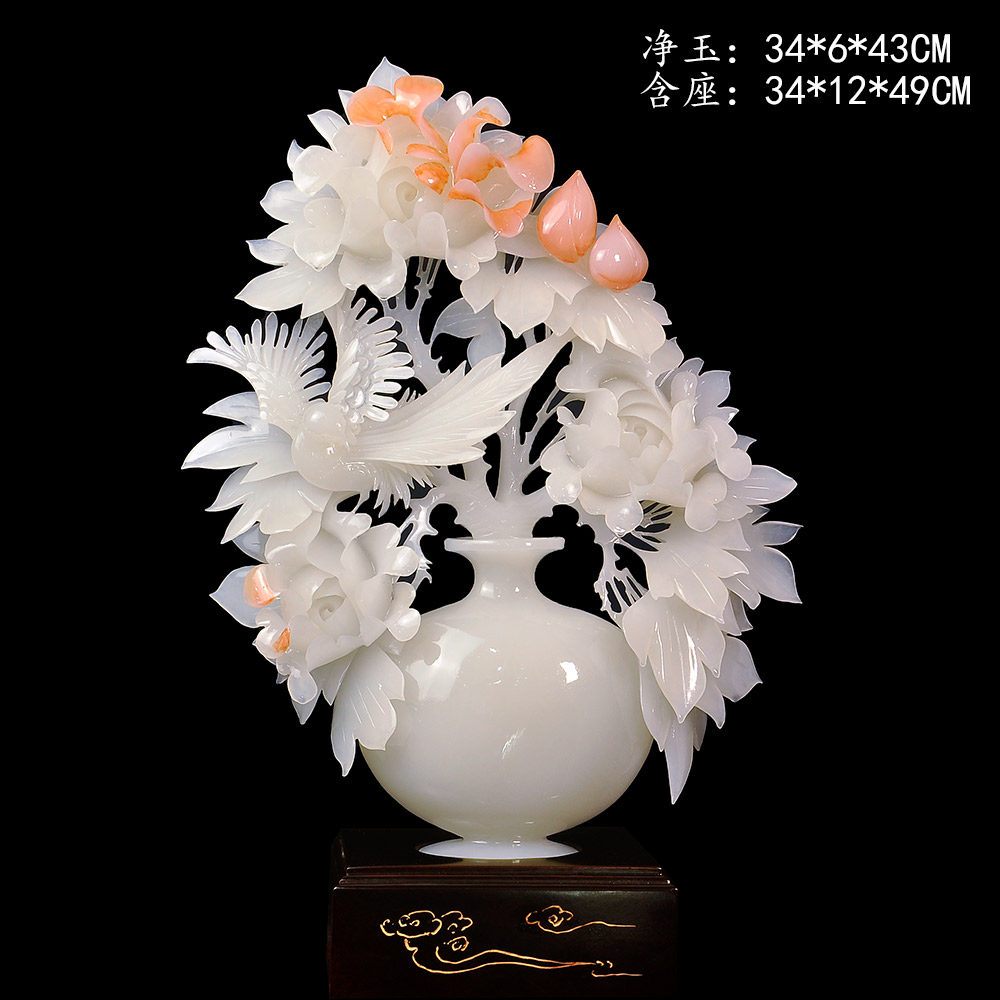 Natural jade flower blooming rich and noble ornaments large peony vase carving crafts home living room decoration