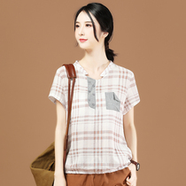 Korean trendy 2022 summer new Korean version loose short-sleeved plaid collar shirt casual shirt top