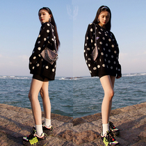 Autumn Winter stars Lin Yun-tong Clothes Black Sweater Women Loose Outside Wearing Sets of Lazy Wind In a Long Sweater Dress