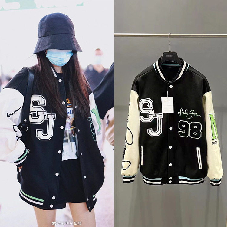 Yang Lingyi Clothes Costumes Spring and Autumn American Black Pilot Jacket Women loose embroidered baseball clothes in tide