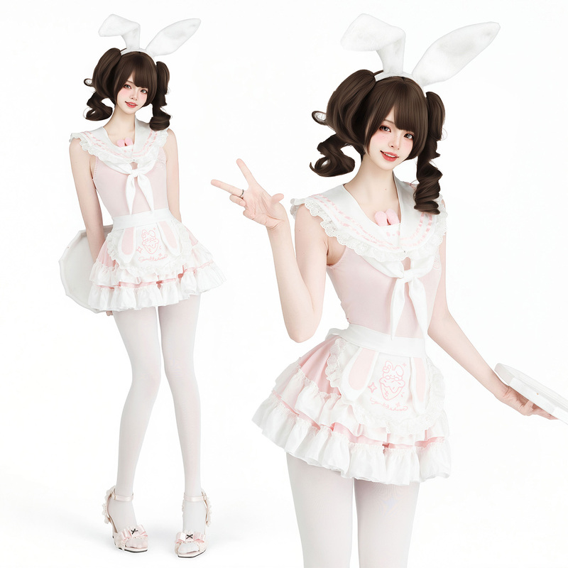 Seven Three "Rabbit Dessert Kitchen" Cute Pink Bunny Onesie Short Skirt Pajamas Loungewear