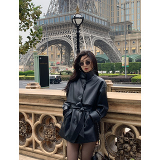 MULVAN黑色中长款皮衣外套女收腰绑带高级感复古气质宽松夹棉夹克