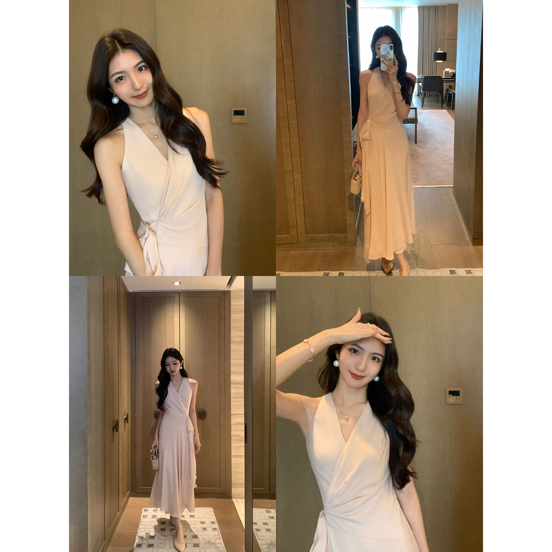 Mulvan Elegant Curved Cross V-Neck Dress for Women with Tie Waist, Sleeveless Mid-Length Tank Dress