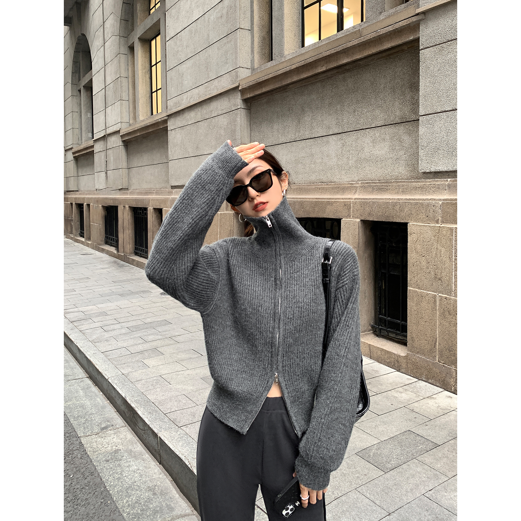 MULVAN ラペルジッパーセータージャケット レディース 冬 新作 オールマッチ ハイカラー レイジースタイル ニットカーディガン