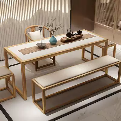 New Chinese iron art solid wood tea table and chair combination Company store reception Kung Fu tea table household tea room tea table