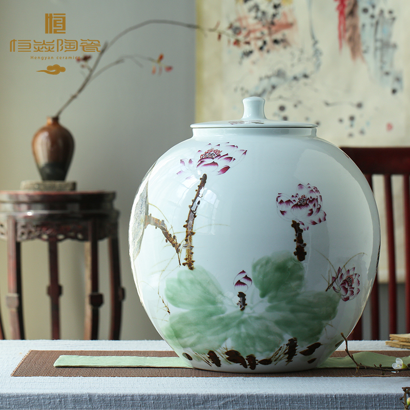 Hand - made jingdezhen ceramic barrel ricer 40 kg box pack household moistureproof cylinder cylinder tank storage rice jar with cover