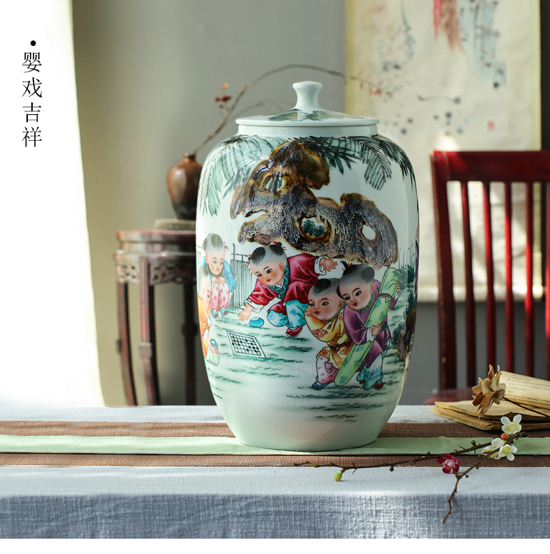 Hand - made jingdezhen ceramic barrel ricer 40 kg box pack household moistureproof tea urn cylinder oil tank of water meters storage jar with cover