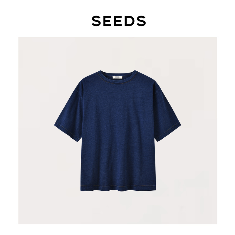 [Blue Ocean] Seeds 100% Cotton "Plant-Based Blue Dyeing Process" Idg Indigo Relaxed Fit Versatile Crew Neck T-Shirt