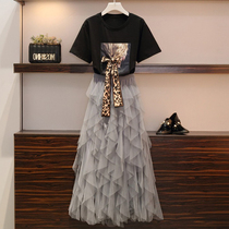 Large size womens clothing 2021 summer new mini fat sister foreign style suit age reduction and thin mesh skirt two-piece set