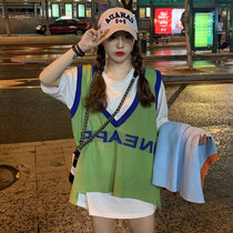 Fat mm foreign style suit large size womens new age-reducing belly knitted vest vest short-sleeved T-shirt two-piece set