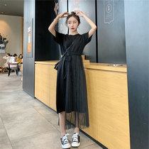 Fat sister summer new 2021 large size mesh splicing dress age reduction meat cover medium-long fairy bottom skirt