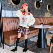 Girls Spring and Autumn College Fengjk Set Network Red Ocean Gas Large Child Guardian Grid Long Sleeve Two-piece Autumn Cartoon