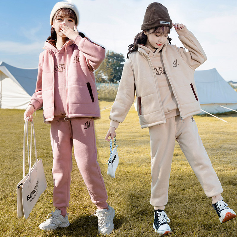 Girls' winter thickening and velvet casual suits fashionable middle-aged children's autumn and winter sweater quilts warm three-piece tide