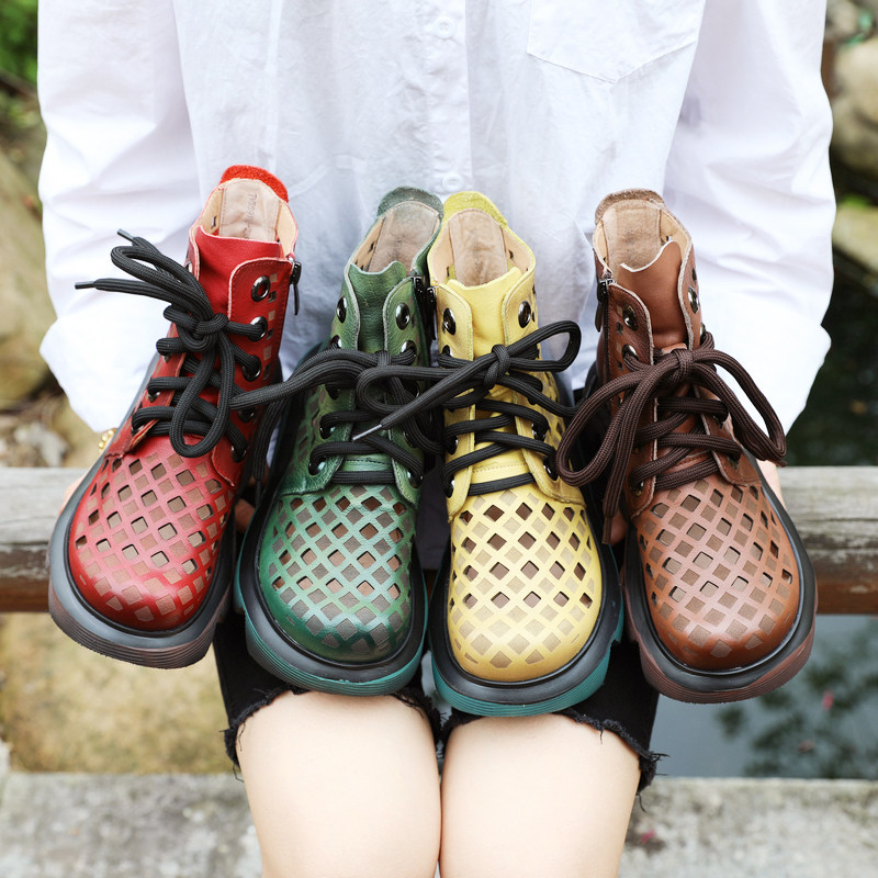 Thick bottom Martin boots woman 2022 new spring and autumn hollowed-out soft bottom soft pastry high cylinder cool boots genuine leather slopes heel short boots