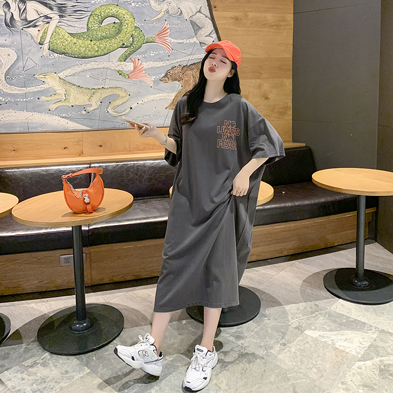 Summer Large Size Loose Nightgown for Women, Pure Cotton Short-Sleeved Long Over-The-Knee T-Shirt Pajamas, Maternity Outerwear, Home Wear 100kg