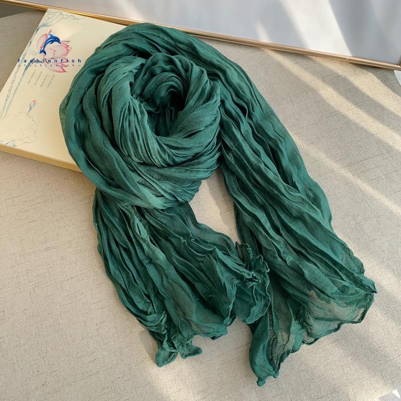Solid Color Crinkled Cotton and Linen Scarf, Artistic and Versatile Pleated Gauze Scarf for Women, Soft and Breathable Silk Scarf for Spring and Autumn, Warm for Autumn and Spring Solid Color Crinkled Cotton and Linen Scarf, Artistic and Versatile Pleated Gauze Scarf for Women, Soft and Breathable Silk Scarf for Spring and Autumn, Warm for Autumn and Spring