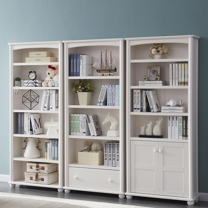 Solid Wood Bookcase with Doors, Floor-Standing, White Lacquer, Simple Pull-Out Bay Window Children's Storage Rack, Storage Combination Cabinet Solid Wood Bookcase with Doors, Floor-Standing, White Lacquer, Simple Pull-Out Bay Window Children's Storage Rack, Storage Combination Cabinet