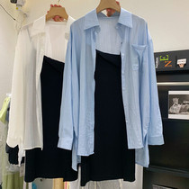 Long sleeve shirt suspenders two-piece female long 2021 summer new net red loose slim dress set