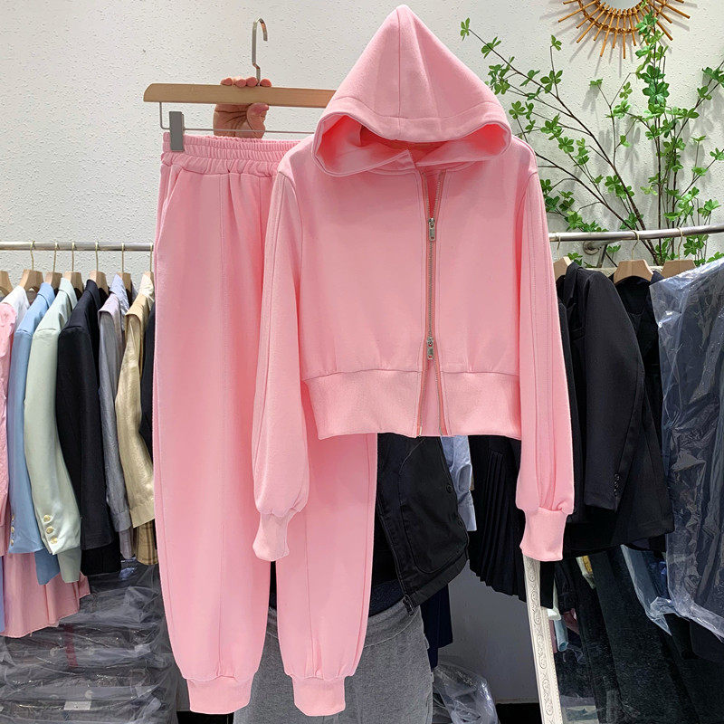 Gray hooded sportswear two-piece suit female 2021 spring and autumn new loose zipper sweater pants casual suit - Taobao