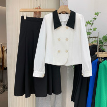 Small fragrant wind one-piece dress suit woman 2022 spring new display slim double-row buttoned jacket A character half body dress Two sets