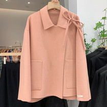 Pink Double Face Cashmere Jacket Woman 2021 Winter loose Thin Lace small Butterfly Knot Fur Coat