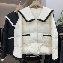 College Wind Down Jackets Woman Short 2021 Winter new loose Thickened Navy Collar White Duck Suede Jacket Woman