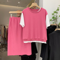 Casual Jersey Suit Woman 2022 Summer new fake two T-shirt blouses half body dress Two sets of dress