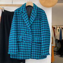Blue Kilobird Graced Suit Jacket Woman Thickening 2021 Winter New Loose hair Plaid Clips Cotton Clog