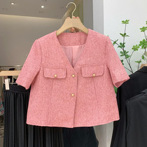 Short sleeves small fragrant wind blouse Women small sub 2022 spring new sashimi slim fit thin jacket Single-row buttoned suit