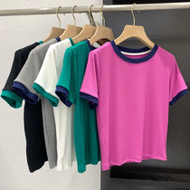 Hit Color Round Collar Short Sleeve T-shirt Woman Little Guy 2022 Summer New Short 100 hitch bottom Shirt t-shirt T-shirt