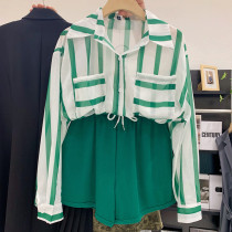 Long Sleeve Striped Shirt shirt top sports shorts two-piece female 2021 summer New loose slim casual set