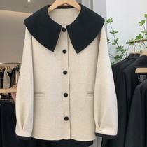 Doll collar splicing double face cashmere jacket woman 2021 Winter new loose slim small sub single row buttoned with large coat