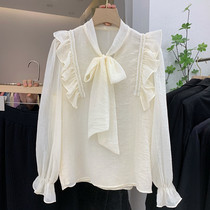 White Shirt Woman 2022 Spring new loose Thin Butterfly Knot Blouse Pearl Lotus Leaf side shirt Undershirt