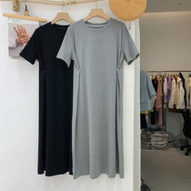 Gray one-piece dress Womens mid length 2022 Summer new sashimi slim long dress Two-grain buttoned pleated T-shirt dress